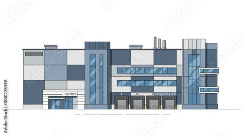 Modern industrial warehouse building with loading docks and large windows, showcasing contemporary logistics and storage solutions