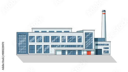 Modern industrial factory building with tall chimney, representing manufacturing and production facilities
