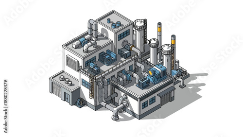 Isometric illustration of a modern industrial facility with complex piping and ventilation systems