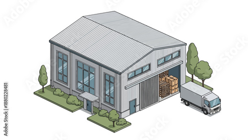 Isometric illustration of a warehouse building with a truck for logistics and supply chain operations
