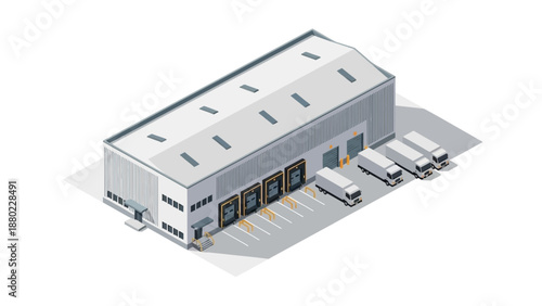 Isometric view of a modern warehouse building with loading docks and trucks, symbolizing logistics and distribution