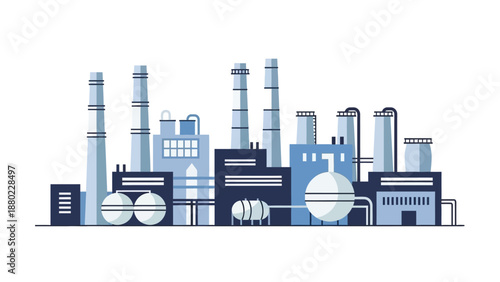Industrial factory with multiple chimneys and storage tanks representing manufacturing and production