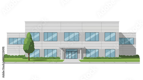 Modern office building with large windows and a tree in front