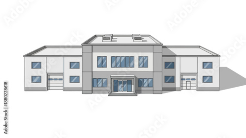 Modern commercial building with multiple windows and garage doors, illustrating architectural design and accessibility
