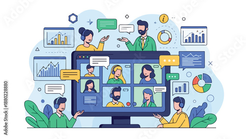 A vibrant illustration of people engaged in a virtual meeting