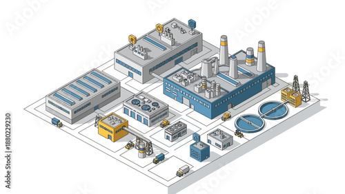 Isometric industrial complex with factories, energy plants, and water treatment facilities, representing modern manufacturing and key utility infrastructure