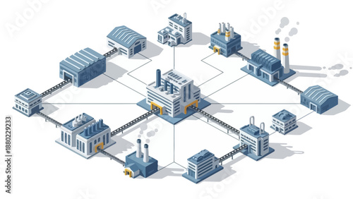 Isometric illustration depicting a robust industrial network with multiple factories and manufacturing plants linked together, showcasing a complex supply chain and production system