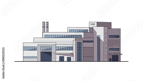 Contemporary industrial factory building illustration showcasing a large-scale manufacturing plant with architectural details, representing production and modern industry