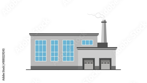 Flat design illustration of a modern industrial factory building with a tall smokestack, representing manufacturing, production, and economic activity in a simplified graphic style