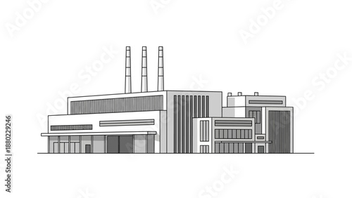 Stylized vector artwork of a sprawling industrial factory with prominent chimneys, embodying themes of manufacturing, development, and energy production in a minimalist grayscale illustration