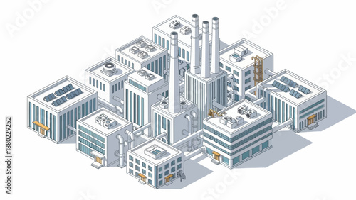 Isometric illustration of a modern industrial complex, showcasing factory buildings, manufacturing plants, smokestacks, and sustainable rooftop solar panels