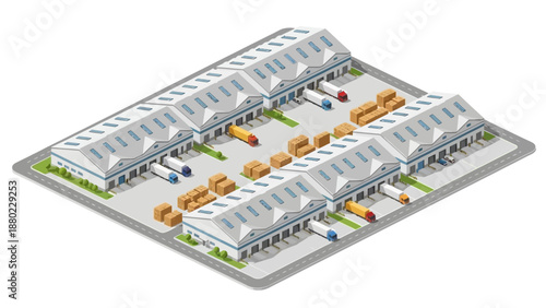Isometric view of a modern industrial warehouse and logistics distribution center. Efficient cargo handling, shipping, and supply chain management with delivery trucks