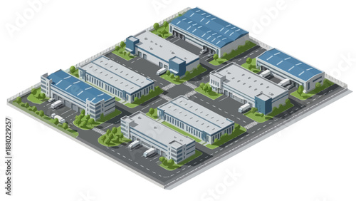 Isometric view of a modern industrial park with multiple logistics warehouses, distribution centers, and trucks, showing efficient supply chain infrastructure
