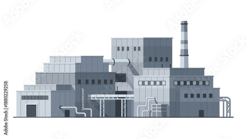 Flat design illustration of a large industrial complex with multiple buildings, a prominent smokestack, and extensive pipework, representing heavy industry and energy production