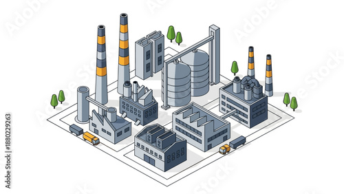 Isometric illustration of a modern industrial factory complex. Features buildings, smokestacks, and silos, symbolizing manufacturing and energy production infrastructure