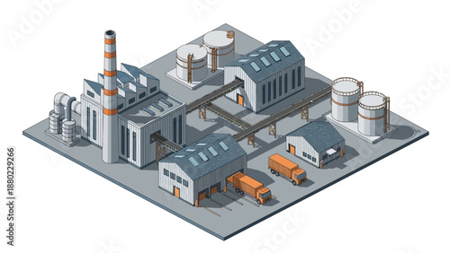 Detailed isometric illustration of a modern industrial complex, symbolizing the backbone of global commerce and efficient supply chain management in a rapidly evolving economy