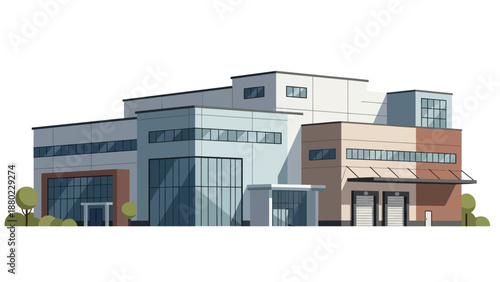 Sleek contemporary building complex illustration, perfect for symbolizing business development, industrial growth, or modern corporate facilities, with a clean and professional architectural design