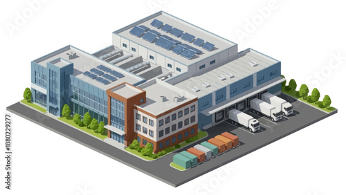 Isometric modern industrial complex. Warehouse, office, loading docks, trucks, and solar panels. Sustainable logistics and efficient supply chain management