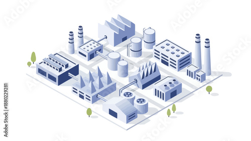 Isometric illustration of a modern industrial manufacturing complex featuring factory buildings, storage tanks, pipelines, and smokestacks, representing global production and business infrastructure