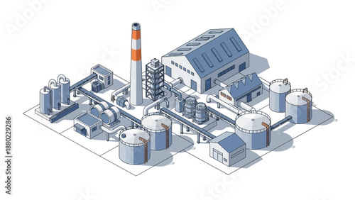 Isometric illustration of an industrial complex, detailing factory buildings, storage tanks, and processing units, representing manufacturing infrastructure and production systems