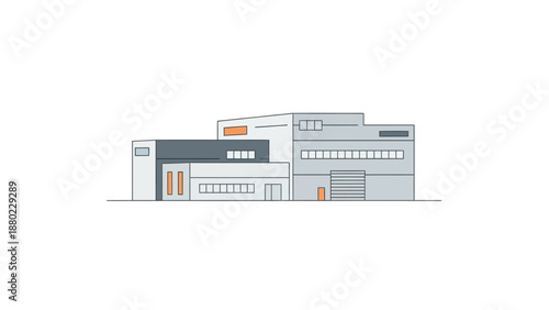 Architectural line illustration showcasing a modern commercial building design with a contemporary industrial aesthetic, ideal for business offices, manufacturing plants, or a spacious warehouse