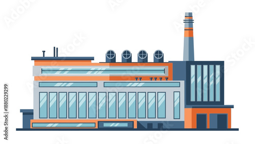 Modern industrial factory building in a vibrant flat vector illustration style, ideal for depicting manufacturing, production, and urban development, emphasizing business and economic infrastructure
