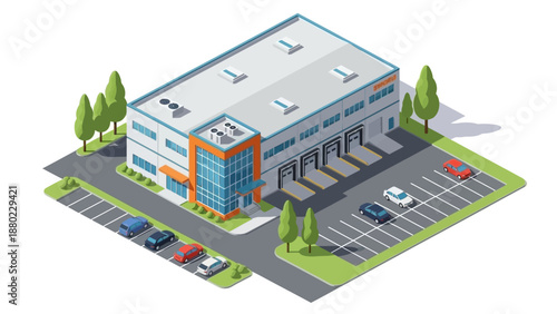 Modern isometric illustration of a logistics and distribution center. Features commercial warehouse, loading docks, office, and parking for efficient storage and delivery