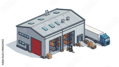 Isometric vector illustration of a modern industrial warehouse and logistics center, showcasing a delivery truck, forklift, and cargo for efficient global supply chain and storage solutions