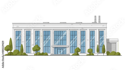 Modern white corporate building illustration, featuring sleek architecture and large windows, suitable for business, industrial, or government facilities designs