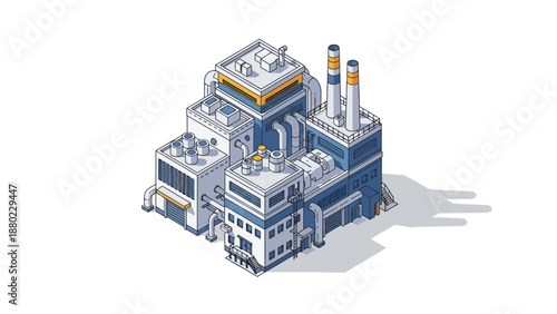 Isometric vector illustration of a modern industrial factory building, symbolizing manufacturing, production, and technological progress within a sleek, clean architectural design