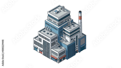 Detailed Isometric Illustration of a Modern Industrial Factory Building and Manufacturing Plant with a Clean, Contemporary Architectural Design for Business and Technology Concepts