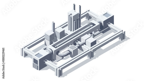 Futuristic grayscale 3D model of a sophisticated factory or power generation plant, depicting a complex network of structures, pipes, and machinery for modern industrial applications