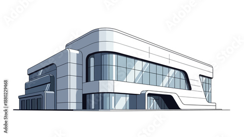 Futuristic and sleek architectural illustration of a modern commercial building with large glass windows and clean lines, depicting contemporary urban development and innovative design