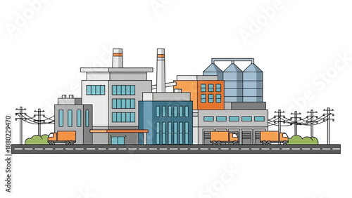 Modern flat design illustration of an industrial complex featuring various factory buildings, power lines, and trucks, representing efficient manufacturing and logistics