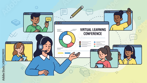 A virtual learning conference with a presenter and attendees