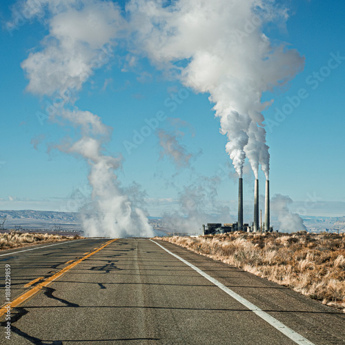 Archival 2015 view of the Navajo Generating Station, viewed from hwy 98. Page, Arizona, USA. A historic shot of the coal power plant before its 2019 closure and 2020 demolition.