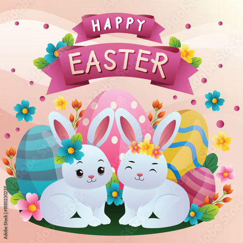 happy easter with cute two bunny