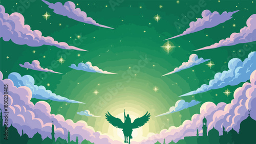 A winged figure stands before a radiant city under starry skies
