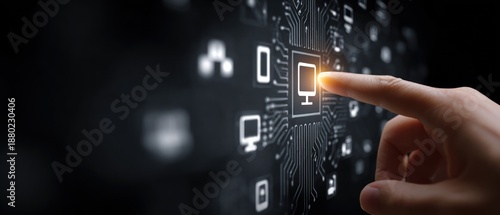 Finger touching glowing computer icon on dark circuit board interface