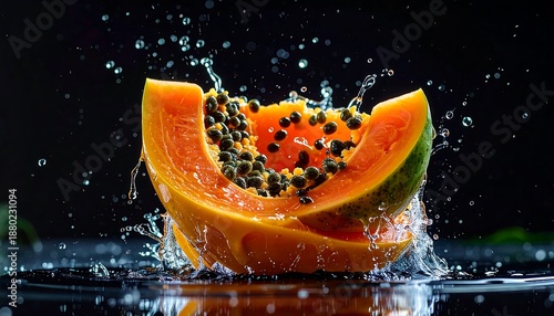 Fresh Papaya Slice Splashing in Water with Seeds Visible.