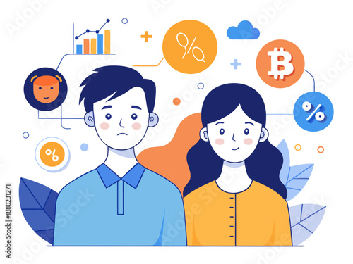 Couple, troubled. Money motif. Icon. Stock chart. Cryptocurrency. Investment. Simple illustration.