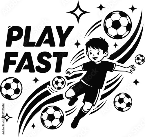Boy playing soccer with multiple soccer balls and speed lines
