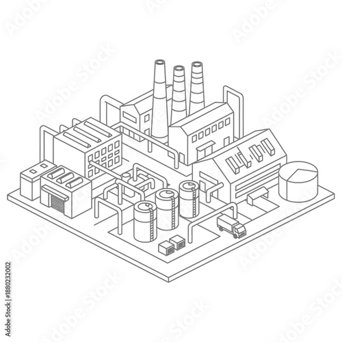 Minimal black and white isometric factory illustration in flat vector style, showing an abstract industrial plant with chimney isolated on a clean white background.