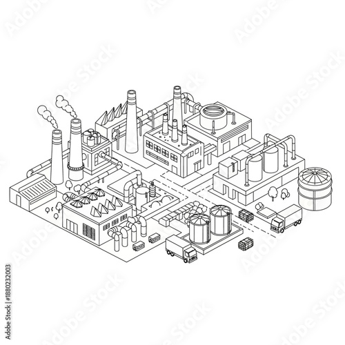 Minimal black and white isometric factory illustration in flat vector style, showing an abstract industrial plant with chimney isolated on a clean white background.