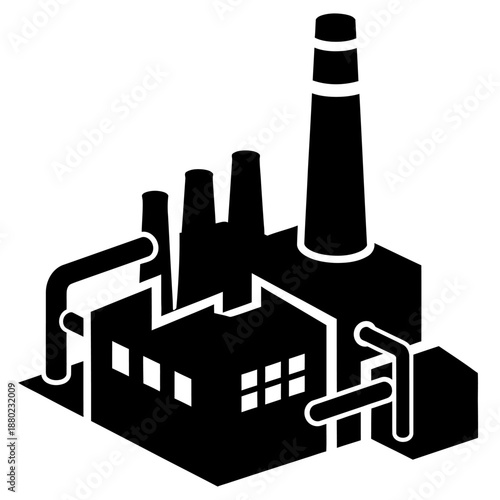 Minimal black and white isometric factory illustration in flat vector style, showing an abstract industrial plant with chimney isolated on a clean white background.
