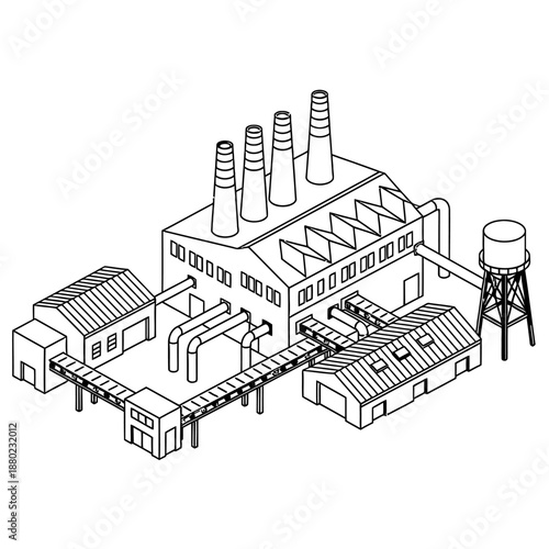 Minimal black and white isometric factory illustration in flat vector style, showing an abstract industrial plant with chimney isolated on a clean white background.