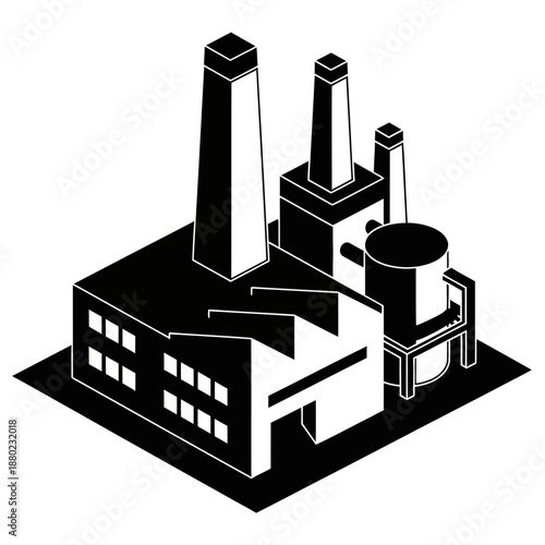Minimal black and white isometric factory illustration in flat vector style, showing an abstract industrial plant with chimney isolated on a clean white background.