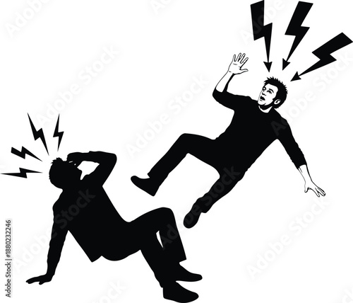 Two black silhouettes of people falling with lightning bolts and sound effects white