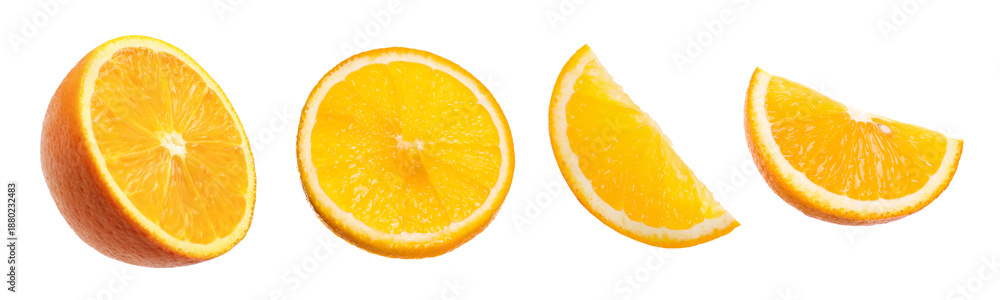 Fototapeta premium Fresh orange isolated on white, set. Half and pieces