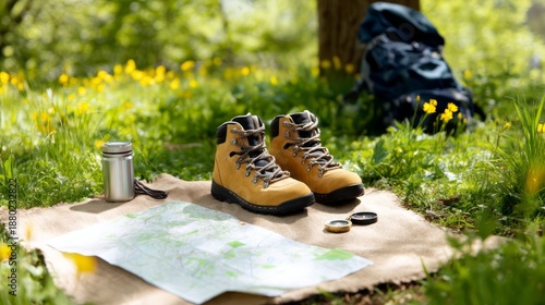 Hiking Gear Flat Lay Featuring Boots, Compass, Map, and Nature Background